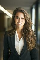 A Happy succesfull young businesswoman, female carreer concept. Modern office worker. Ai Generative photo