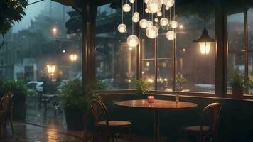 Ai generative, a restaurant with tables and chairs in the rain video
