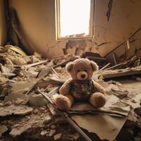 Devastated room, lone teddy - AI generated photo