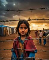 AI Generated dirty face deep look sad children at refugee camp, war, climate change, and global politics concept photo