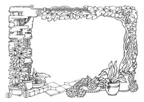 Botanical border with tropical plants. Outline hand-drawn plant frame. Vector. vector