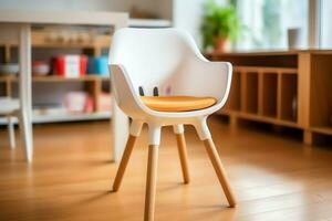 Conventional baby feeding chair in the dining table at home or kitchen. Child high chair furniture concept by AI Generated photo