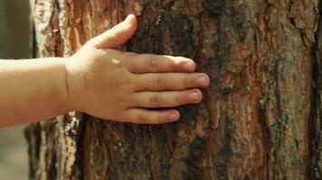 el niño mano carreras a lo largo el maletero de un arbol.tierra día, salvar planeta, salvar el mundo, amor naturaleza. video