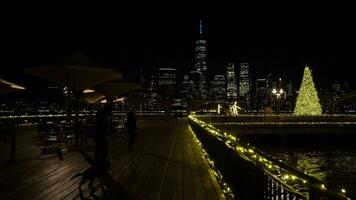 NEW YORK CITY, USA - JANUARY 24, 2021 Illuminated Lower Manhattan View from J Owen Grundy Park in Jersey City at Winter Night. Christmas. Hudson River. People with Dog Passing By video