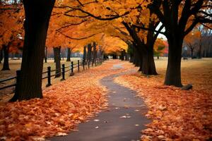 Maple leaves gracefully blanket the park path in vibrant autumn hues AI Generated photo