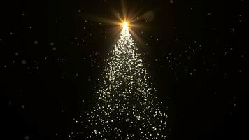 animatie van een gloeiend gouden Kerstmis boom met deeltjes verlichting omhoog de sterren Aan zwart. nieuw jaar en Kerstmis vakantie concept. winter vakantie 4k video achtergrond. 3d, 4k, naadloos lus