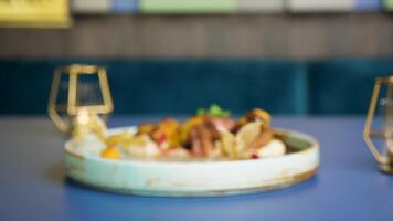 Tasty and delicious grilled duck meat on a plate in restaurant video