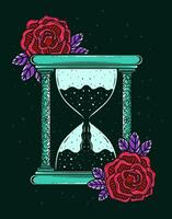 Illustration antique hourglass with rose flower vector