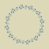 Floral wreath, branches with teal leaves and purple flowers on cream background. Vector illustration, design for poster, banner, invitation, book, fashion fabric, wrapping.