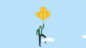 2d Animé de Jeune homme les commerçants ou investissements mouche dans le ciel avec or pièce de monnaie chaud air des ballons. le concept de investir dans crypto fait du une profit. 4k animation mouvement graphique vidéo images. video