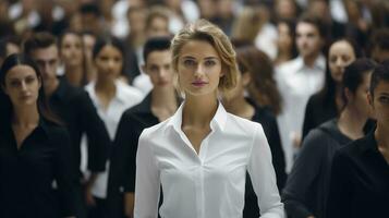 ai generado un mujer en pie en frente de un multitud de personas foto