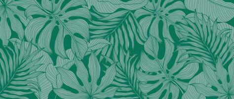 Abstract green foliage wallpaper nature vector. Leaves pattern with monstera leaf, palm plant line art on green color background. Design for banner, cover, interior, decoration, card. vector