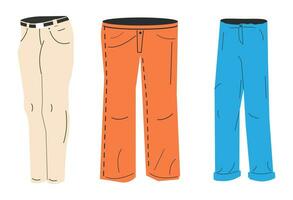 hembra pantalones modelos recopilación. conjunto de mujer mezclilla pantalones o pantalones. casual de moda ropa para mujer. flaco, acampanado y clásico vaqueros. dibujos animados plano vector ilustración