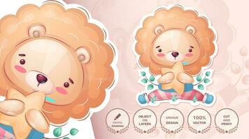 pegatina dibujos animados personaje adorable león con estrella, bonito animal idea para impresión camiseta, póster y niños sobre, tarjeta postal. linda mano dibujado estilo estrella vector