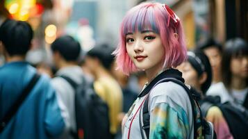 AI generated Stylish Woman with Pink Hair and Backpack Walking on a City Street photo