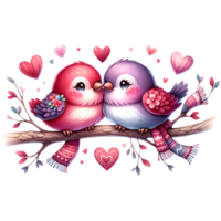 ai gerado uma fofa casal do pássaros dentro amor em uma ramo com corações dia dos namorados dia cumprimento cartão png