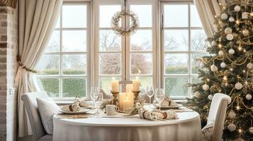 AI generated Christmas holiday family breakfast, table setting decor and festive tablescape, English country and home styling photo