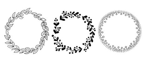 Set of doodle hand drawn floral wreaths or frames. Outline vector isolated black round round frames for stickers, cards on white background. Contour templates for wedding, anniversary card, invitation