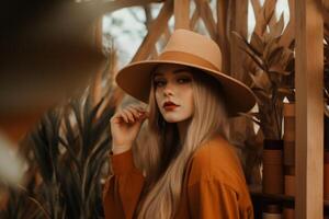 AI Generated Portrait gorgeous elegant pretty charming young European woman lady girl female posing autumn nature professional photo session model. Red lipstick hat photographer stylish fashion