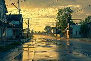 ai generado calle escena amanecer o puesta de sol. el la carretera debido a reciente lluvia, y refleja el ligero desde el cielo. edificios línea ambos lados de el calle antiguo y tener rústico encanto ai generado foto