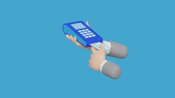 3d Forma de pagamento máquina ou pos terminal com homem de negocios mão segurando crédito cartão, eletrônico conta pagamento, fatura ou papel Verifica recibo isolado em azul fundo. 3d render ilustração video