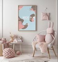 One vertical photo frame mockup in little girl bedroom, soft pink items psd