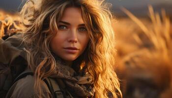 AI generated Young woman, smiling, looking at camera, beauty in nature generated by AI photo