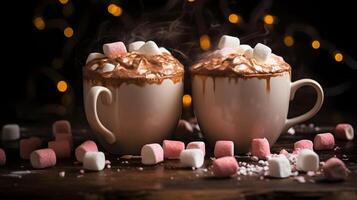 AI generated Two cups of hot chocolate, cocoa or warm drink with marshmallows. Neural network AI generated photo