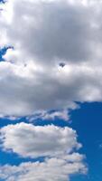 meraviglioso blu cielo con nuvole velocemente mutevole forme. bellissimo Cloudscape lasso di tempo Visualizza a partire dal sotto. verticale video