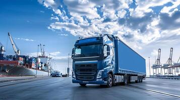 ai generado camión remolque en el muelle en el carga Puerto terminal con grúas y contenedores ai generado foto