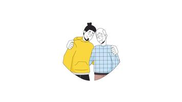 caucasien fils et Sénior père étreindre ligne 2d personnages animation. réconfortant soins papa plat Couleur dessin animé 4k vidéo, alpha canaliser. européen famille membres Animé gens sur blanc Contexte video