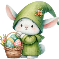 ai gegenereerd schattig konijn vervelend gnoom hoed Pasen eieren thema waterverf png