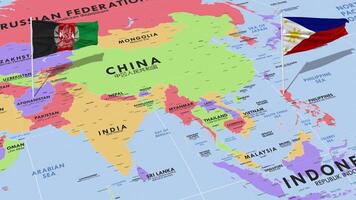 Philippines and Afghanistan Flag Waving with The World Map, Seamless Loop in Wind, 3D Rendering video