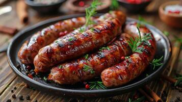 AI generated Plate Full of Sausages and Vegetables on Table photo