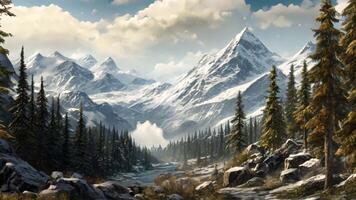 ai generado un maravilloso pintura capturar el belleza de un cubierto de nieve montaña rango rodeado por un sereno invierno paisaje., un Nevado montañoso paisaje con pino árboles, ai generado video