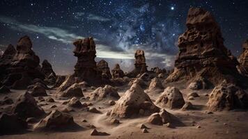 AI generated Desert Landscape With Rocks and Starry Sky, An otherworldly landscape of strange rock formations and brilliant star clusters, AI Generated video
