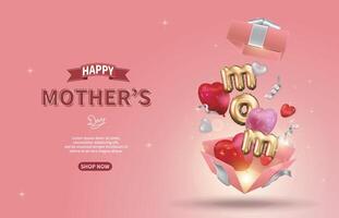 Pink Mother's Day sales guide, open gift box with flying heart balloons and ribbons vector