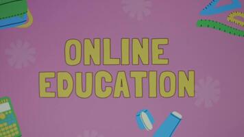 hora a en línea educación inscripción en verde y rosado antecedentes con dibujado colegio suministros. educación concepto. borroso video