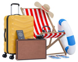 Sommer- Urlaub mit Gepäck, Strand Stühle, Regenschirm, Kamera und Strand Zubehör. Sommer- Ferien Konzept zum Reise Agentur werben Verkauf oder vertreten. 3d Rendern png