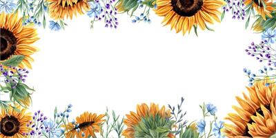 gráfico horizontal marco con girasoles y resumen prado plantas. azul, naranja amarillo flores floral verano composición con Copiar espacio para texto. acuarela ilustración para cumpleaños tarjeta vector