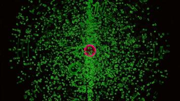de colores circulo con esfera de muchos Moviente partículas diseño. animación de caóticamente rápido Moviente partículas alrededor viral celúla. imagen de viral célula en formar de de colores circulo y Moviente partículas video