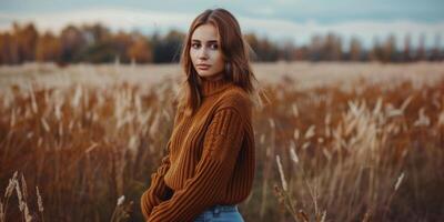 woman in a knitted sweater in an autumn field photo