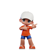 3d cartone animato ragazzo nel arancia camicia e blu pantaloncini con un' bianca cappello puntamento sinistra posa png