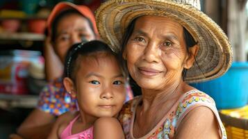 Elderly Southeast Asian woman with a child, wearing a traditional hat. Senior Thai lady and young girl smiling. Concept of family, generations, cultural heritage. photo