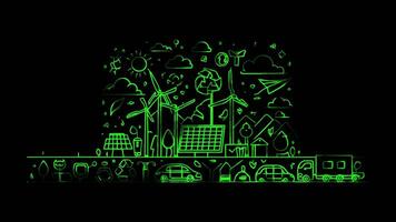 Neon frame effect renewable energy and environmental technology, glow, black background. video