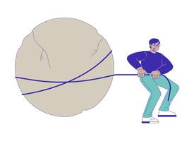 Arab man tied to large rock 2D linear cartoon character. Middle eastern male pulling heavy stone isolated line person white background. Hard working for result color flat spot illustration vector