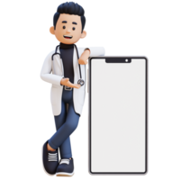3d médico personagem apresentando e deitado em grande esvaziar telefone tela. adequado para médico conteúdo png