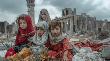Children in war-torn city ruins photo