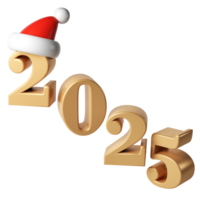 3d contento nuevo año 2025 dorado números. símbolos dibujos animados hacer con rojo sombrero Papa Noel. Navidad decoración. celebrar fiesta Navidad póster bandera, cubrir tarjeta, folleto, volantes, diseño diseño png