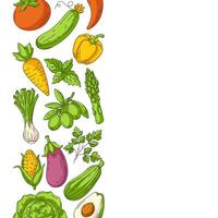Fresh and healthy farm vegetables, colorful square poster, veggies icons left border frame. Space for text, isolated background. For card, poster, menu, cover, social media. Organic vegan food vector